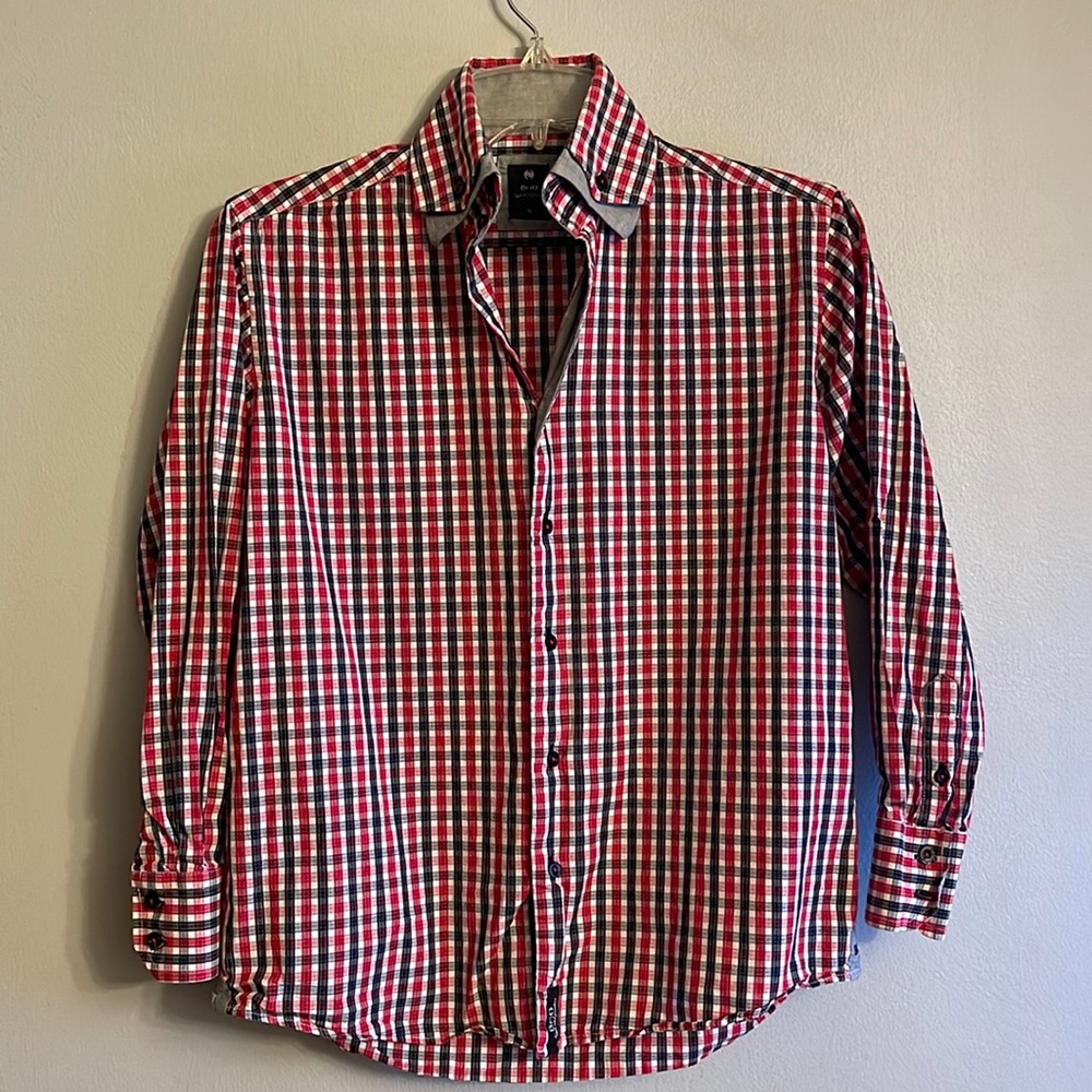 Brio boys button down plaid shirt with double collar